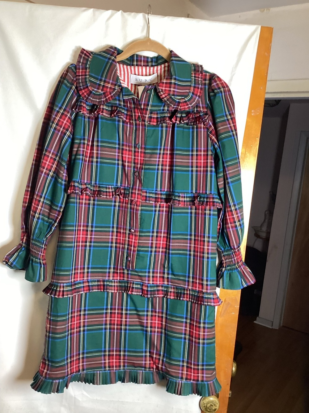 BURU holiday checkered dress with ruffles with contrast lining SZ XS